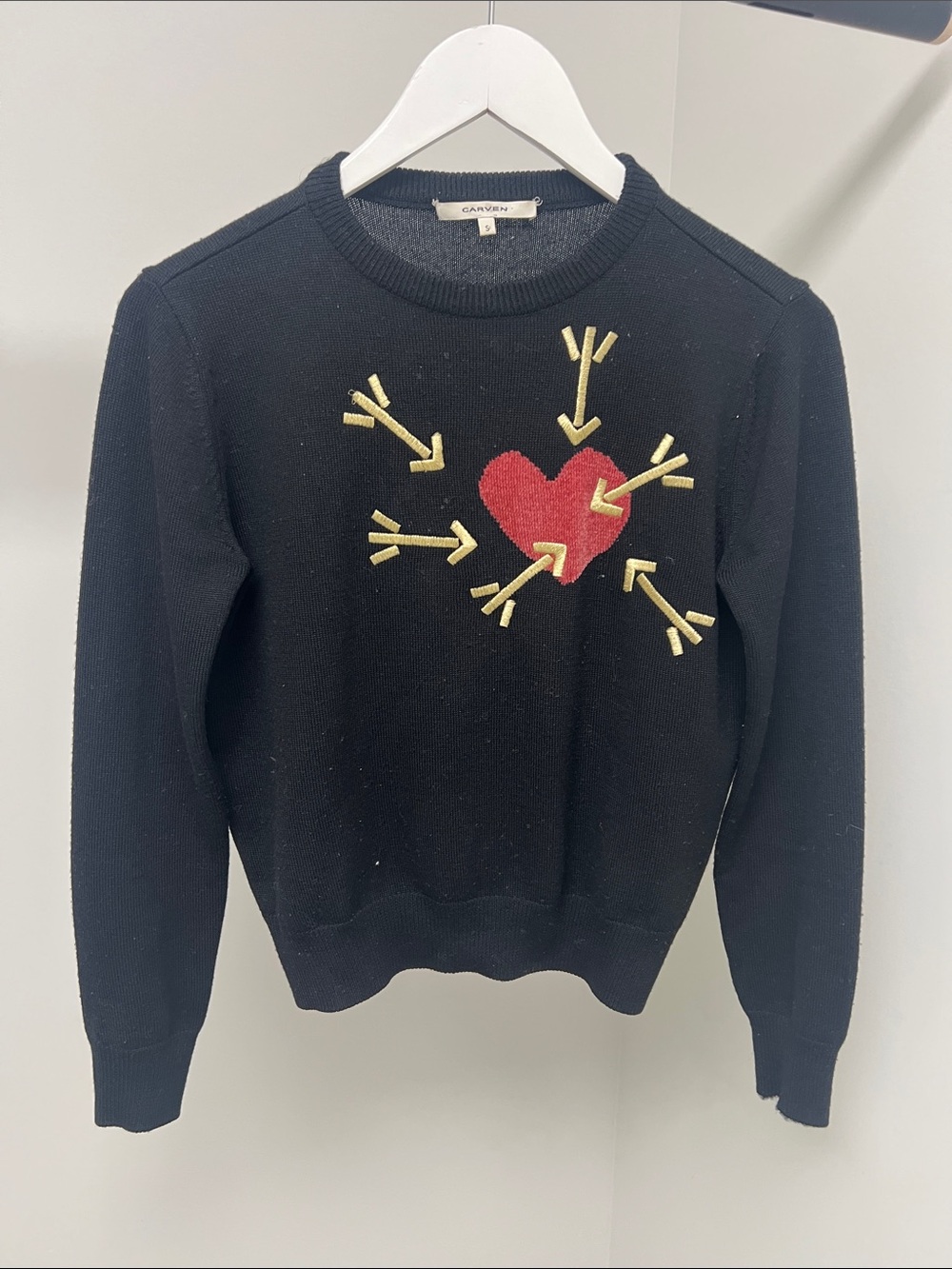 Carven Black Crewneck Sweater with Red Heart and Gold Arrows